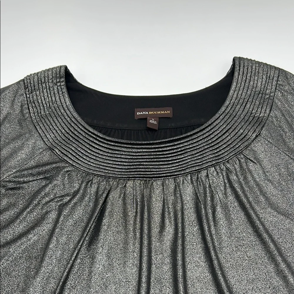Dana Buchman Flutter Sleeve Blouse Large Gray Shimmer Pleated Nech Relaxed Fit